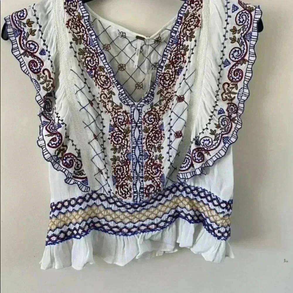 Free People- White Holland Park Beaded Blouse
